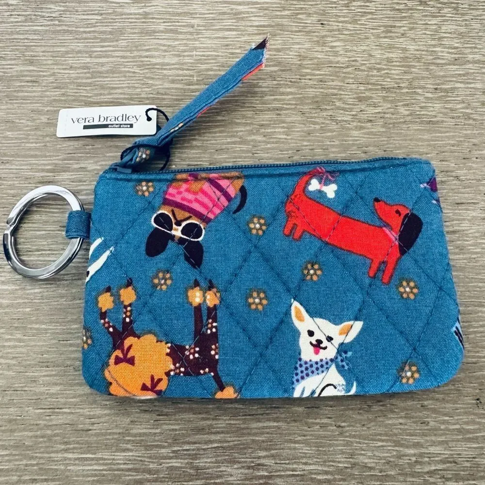 Vera Bradley Bark Park Dog Print Blue Zip ID Case Coin Purse